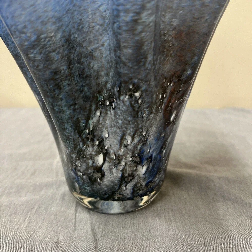 Alicja Handkerchief Blue Art Glass Vase Hand Made In Poland 8”T 7”W FS Charity